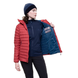 Mountain Equipment Earthrise Hooded Women's Jacket in Rosewood - lifestyle view showing lightweight recycled down insulation for ski touring and alpine climbing