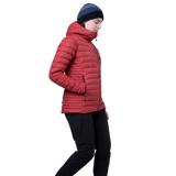 Mountain Equipment Earthrise Hooded Women's Jacket in Rosewood - side view showing fit and dual tether hem drawcords