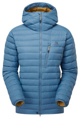 Mountain Equipment Earthrise Hooded Women's Jacket in Stellar Blue - front view showing 100% recycled down insulation and stitch-through baffle construction
