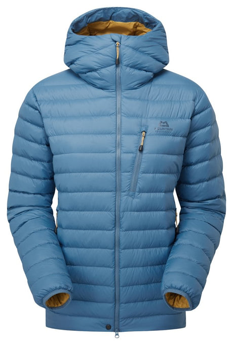 Mountain Equipment Earthrise Hooded Women's Jacket in Stellar Blue - front view showing 100% recycled down insulation and stitch-through baffle construction