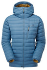Mountain Equipment Earthrise Hooded Women's Jacket in Stellar Blue - front view showing 100% recycled down insulation and stitch-through baffle construction
