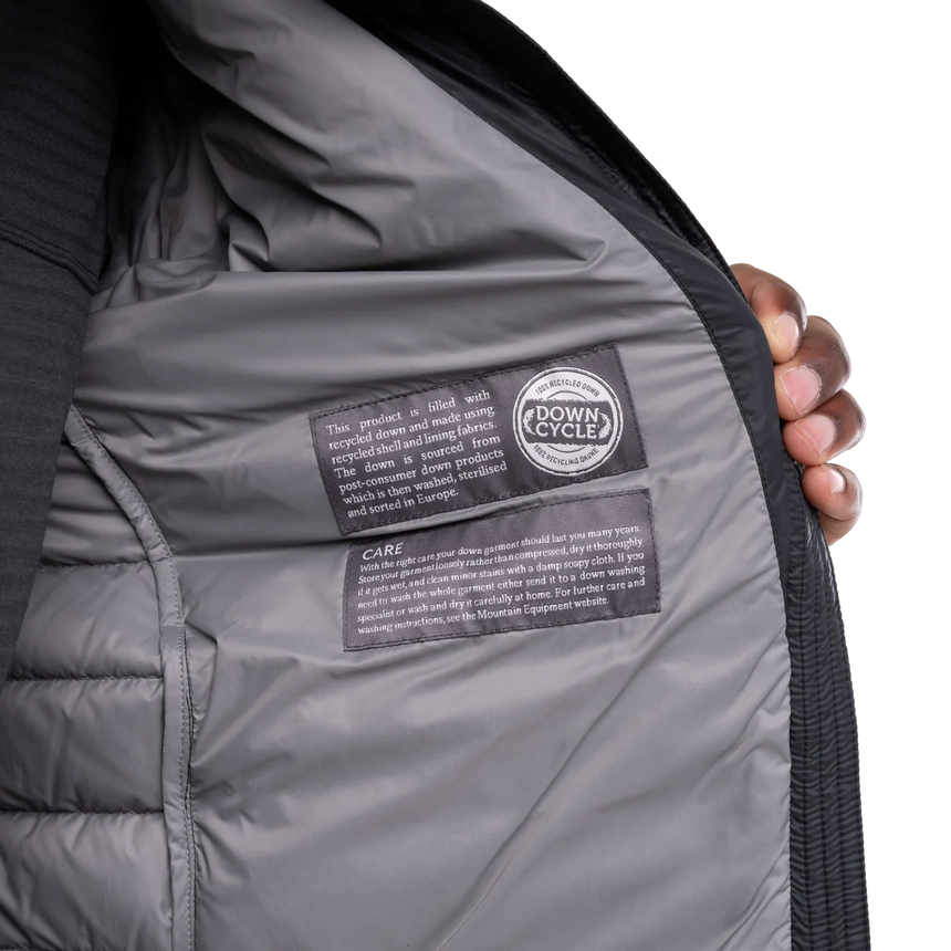 Mountain Equipment Earthrise Men's Jacket in Black - lifestyle view showing lightweight recycled down insulation for ski touring and alpine climbing