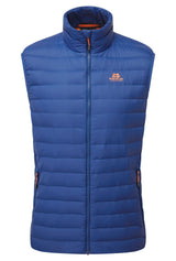Mountain Equipment Earthrise Men's Vest in Admiral Blue - front view showing 100% recycled down insulation and stitch-through baffle construction