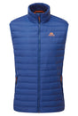 Mountain Equipment Earthrise Men's Vest in Admiral Blue - front view showing 100% recycled down insulation and stitch-through baffle construction