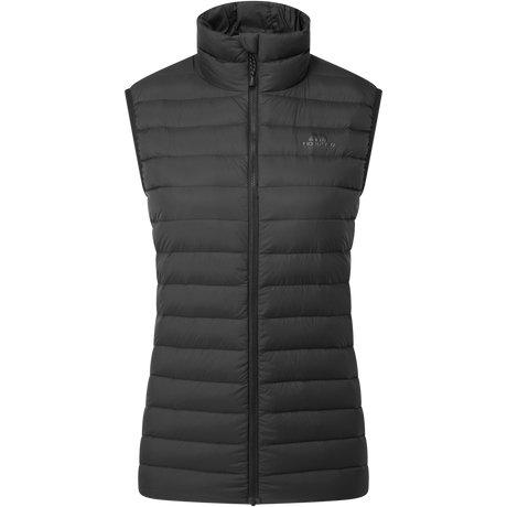 Mountain Equipment Earthrise Women's Vest in Black - front view showing 100% recycled down insulation and stitch-through baffle construction
