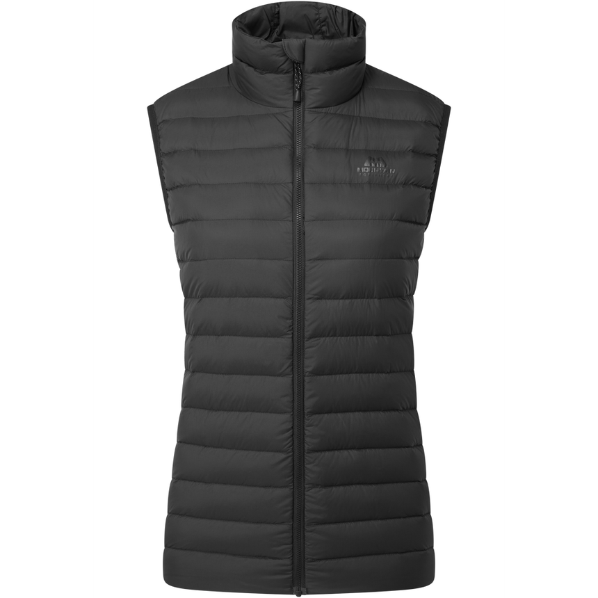 Mountain Equipment Earthrise Women's Vest in Black - front view showing 100% recycled down insulation and stitch-through baffle construction
