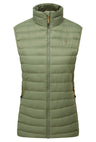 Mountain Equipment Earthrise Women's Vest in Four Leaf Clover - front view showing 100% recycled down insulation and stitch-through baffle construction