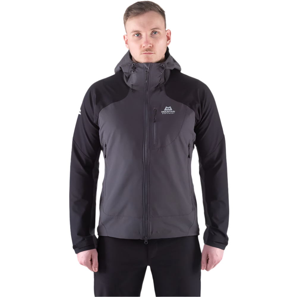 Mountain Equipment Frontier Men's Jacket in Anvil Grey/Black - front view showing EXOLITE 210 softshell fabric and alpine fit