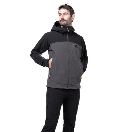 Mountain Equipment Frontier Men's Jacket in Anvil Grey/Black - front view showing EXOLITE 210 softshell fabric and alpine fit