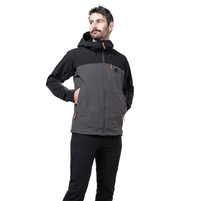 Mountain Equipment Frontier Men's Jacket in Anvil Grey/Black - front view showing EXOLITE 210 softshell fabric and alpine fit