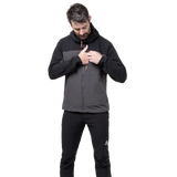 Zipped hand pocket detail on Mountain Equipment Frontier Men's Jacket in Anvil Grey/Black positioned high for harness compatibility