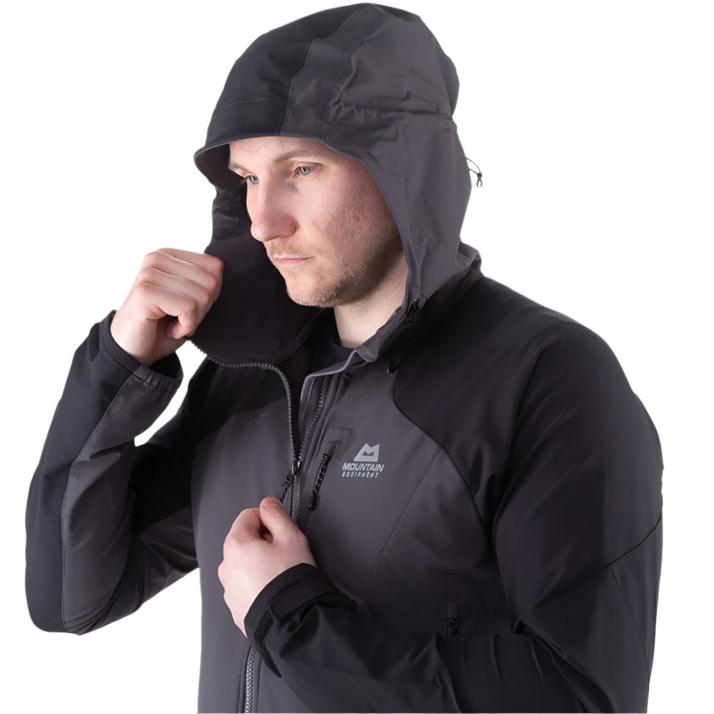Mountain Equipment Frontier Men's Jacket in Anvil Grey/Black - hood up showing Mountain Helmet Compatible Hood fully adjusted