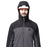 Mountain Equipment Frontier Men's Jacket in Anvil Grey/Black - hood up showing Mountain Helmet Compatible Hood fully adjusted