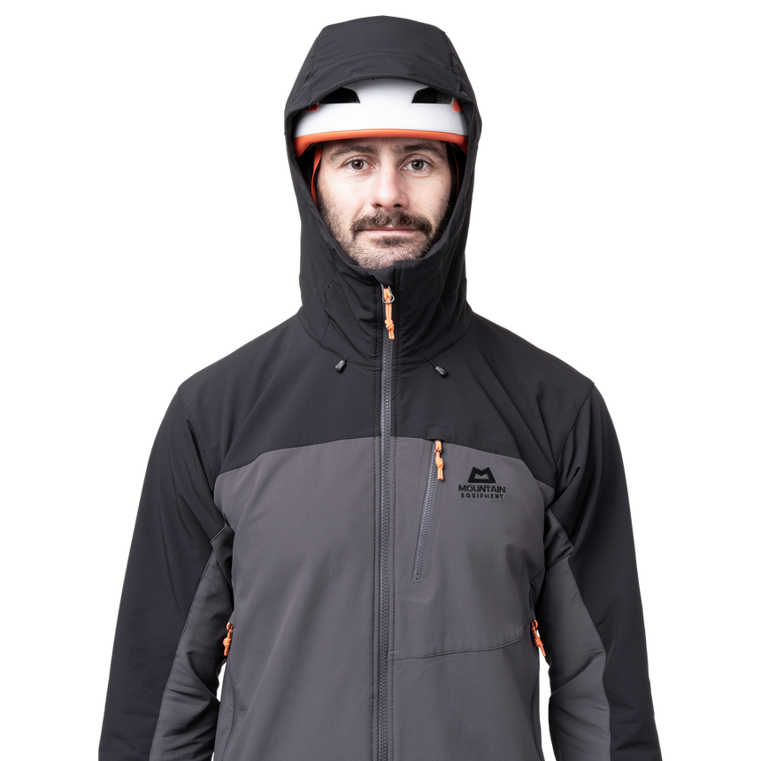Mountain Equipment Frontier Men's Jacket in Anvil Grey/Black - hood up showing Mountain Helmet Compatible Hood fully adjusted
