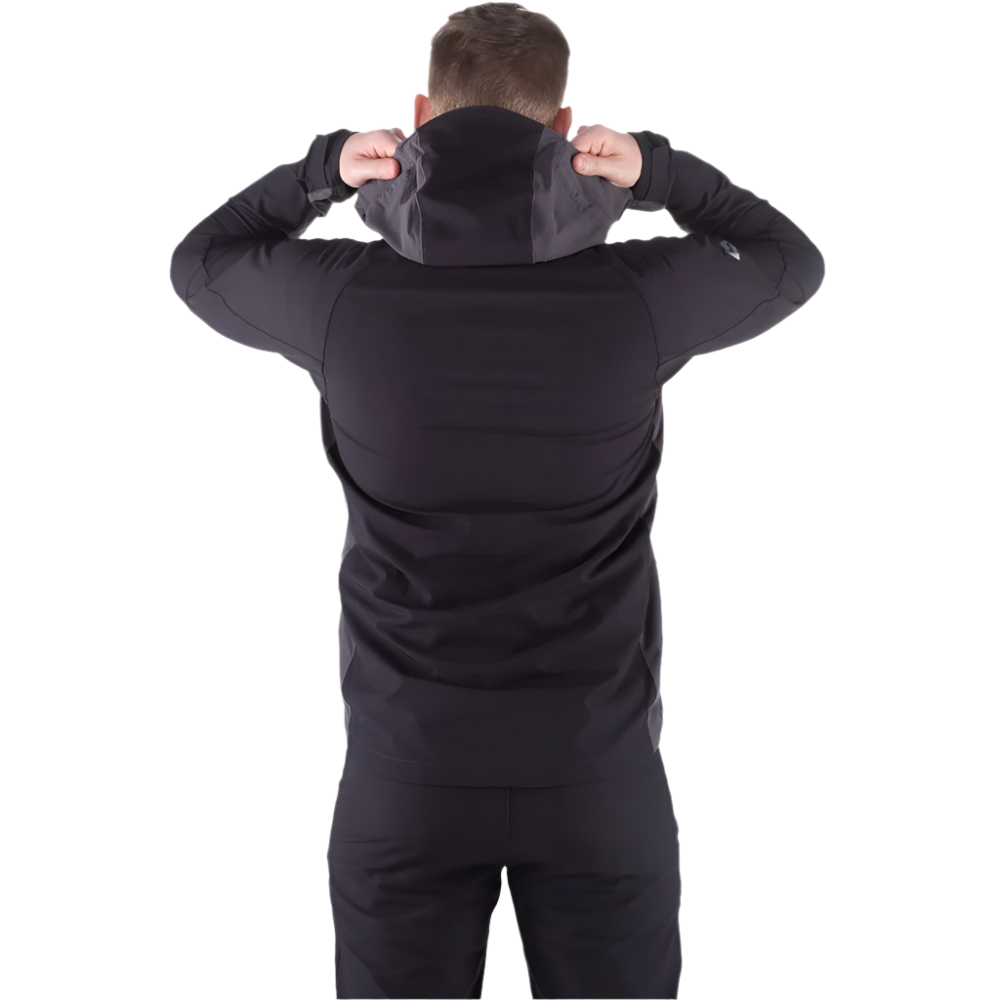 Mountain Equipment Frontier Men's Jacket in Anvil Grey/Black - side view showing alpine fit and stitched hem