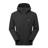 Mountain Equipment Frontier Men's Jacket in Black - front view showing EXOLITE 210 softshell fabric and alpine fit