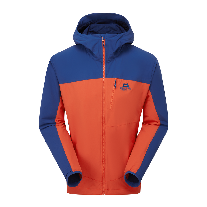 Mountain Equipment Frontier Men's Jacket in Red Rock/Admiral Blue - front view showing EXOLITE 210 softshell fabric and alpine fit