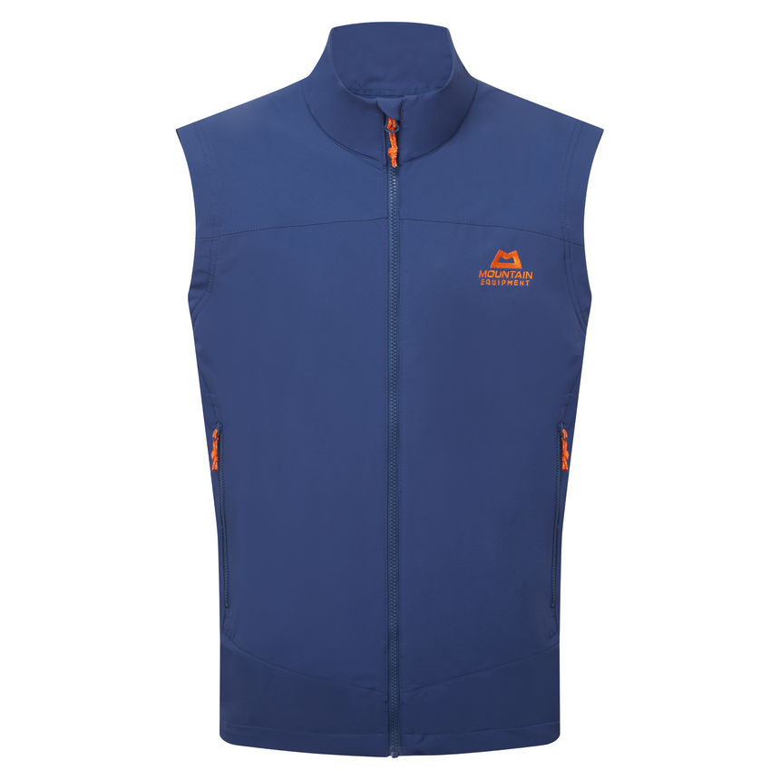Mountain Equipment Frontier Men's Vest in Admiral Blue - front view showing EXOLITE 210 softshell fabric and alpine fit