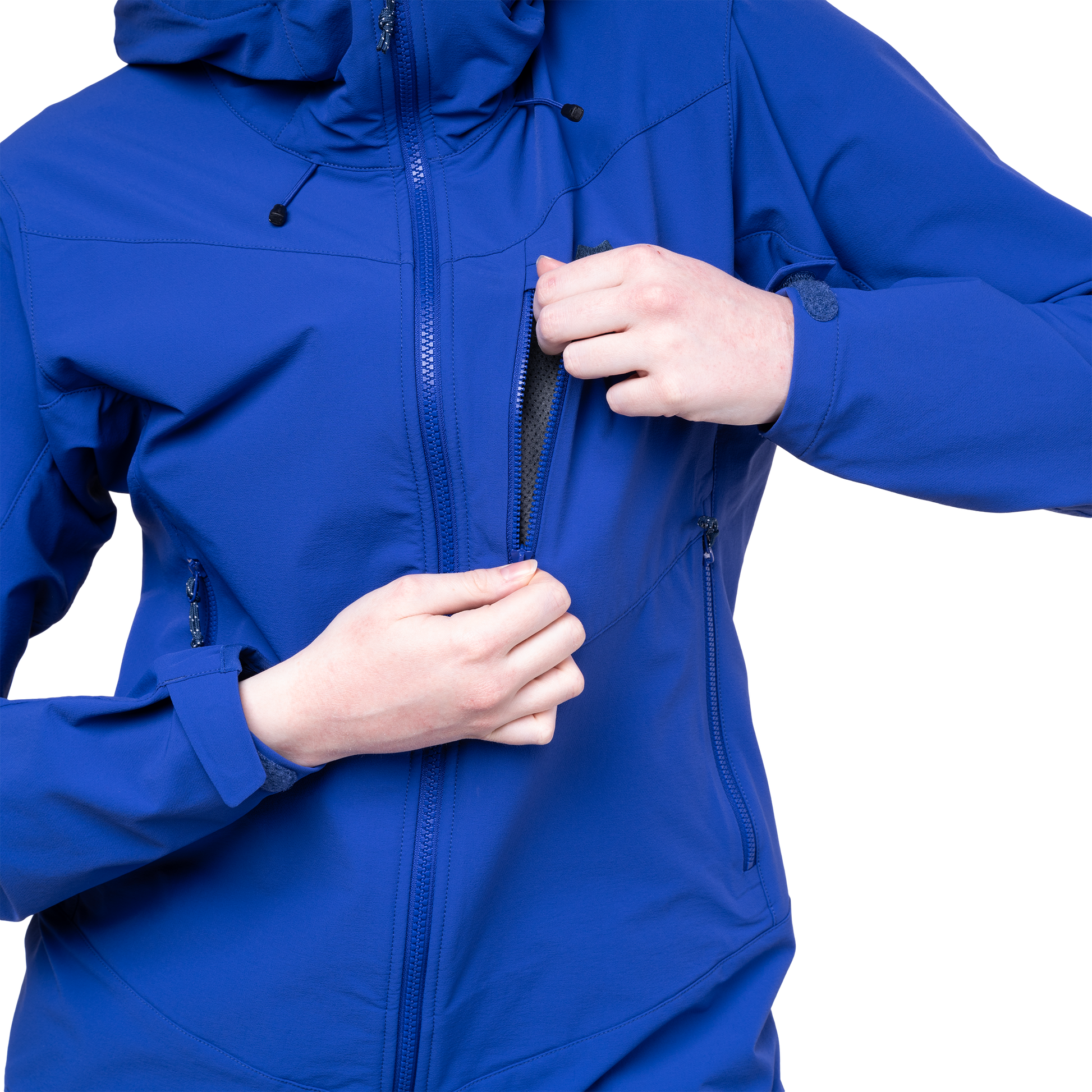 YKK moulded centre front zip detail on Mountain Equipment Frontier Women's Jacket in Clematis