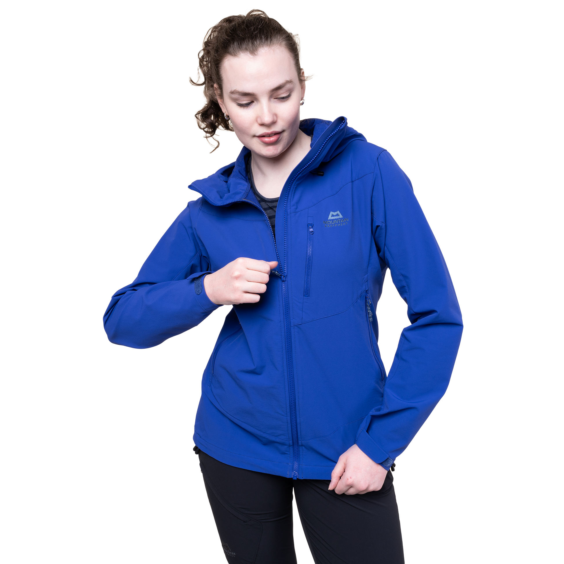 Mountain Equipment Frontier Women's Jacket in Clematis - front view showing EXOLITE 210 softshell fabric and alpine fit