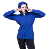 Zipped hand pocket detail on Mountain Equipment Frontier Women's Jacket in Clematis positioned high for harness compatibility