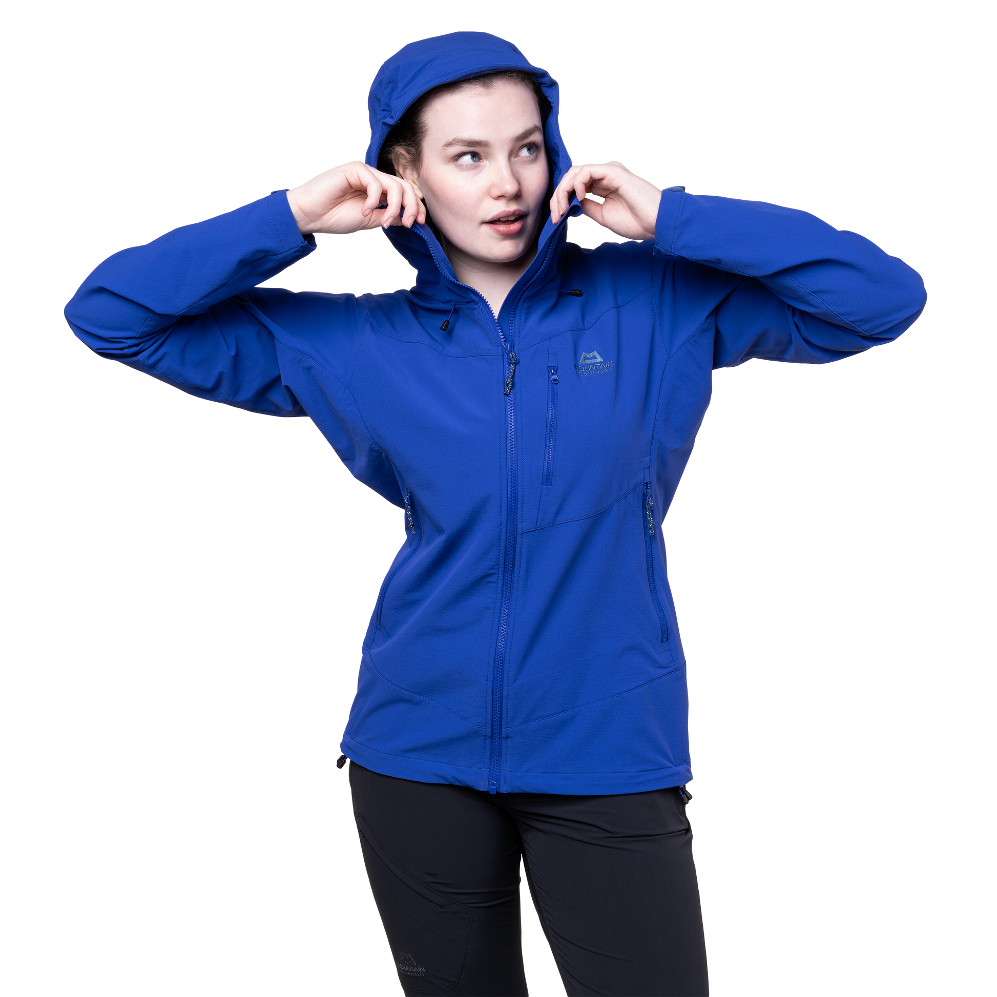 Zipped hand pocket detail on Mountain Equipment Frontier Women's Jacket in Clematis positioned high for harness compatibility