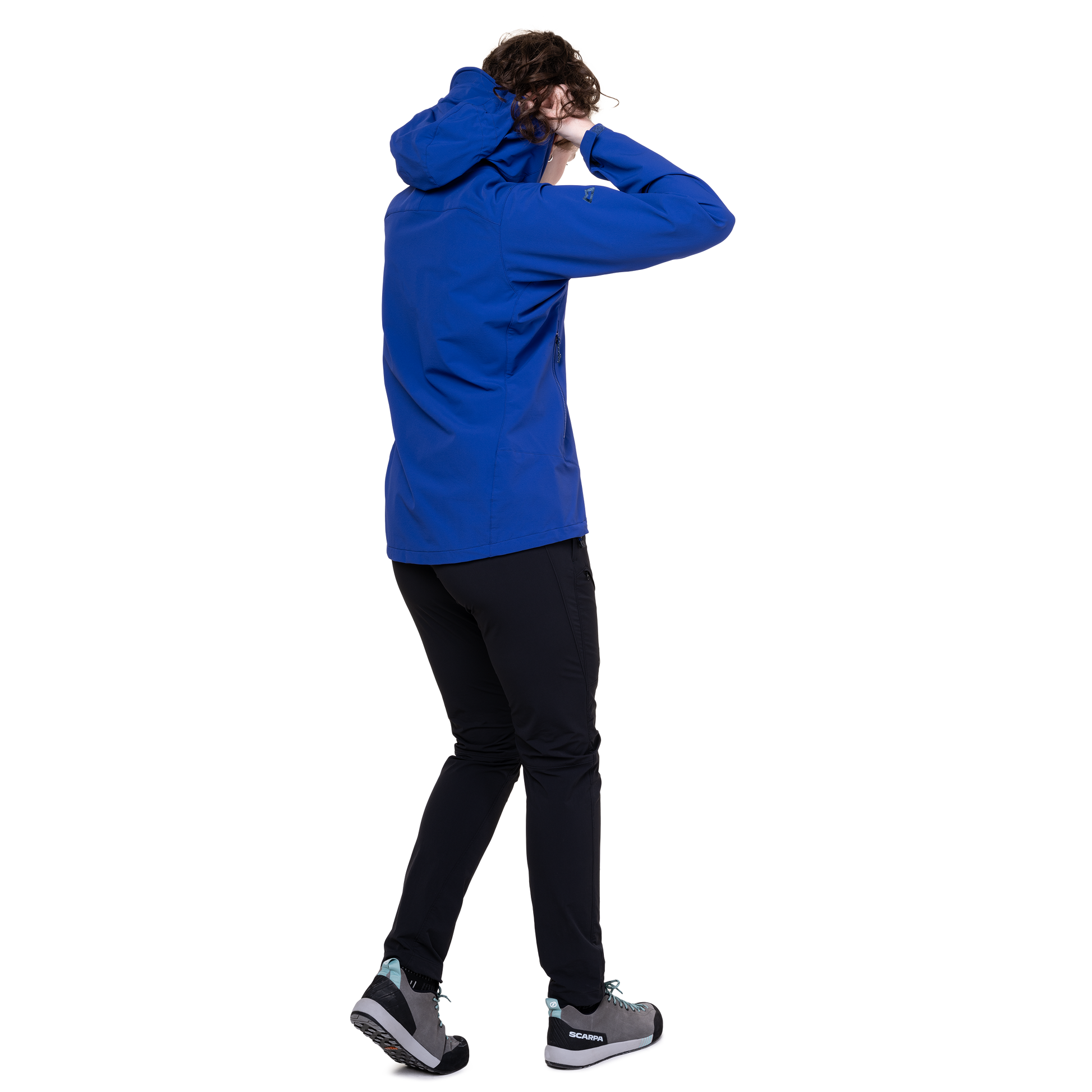 Mountain Equipment Frontier Women's Jacket in Clematis - hood up showing Mountain Helmet Compatible Hood fully adjusted