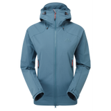 Mountain Equipment Frontier Women's Jacket in Indian Teal - front view showing EXOLITE 210 softshell fabric and alpine fit