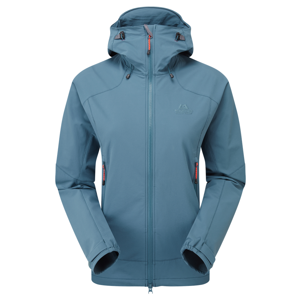 Mountain Equipment Frontier Women's Jacket in Indian Teal - front view showing EXOLITE 210 softshell fabric and alpine fit