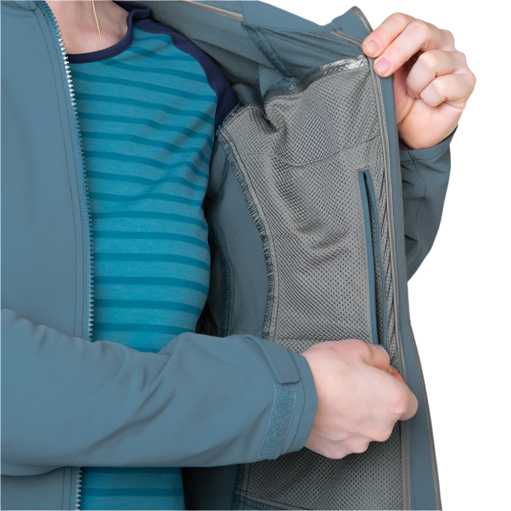 Mountain Equipment Frontier Women's Jacket in Indian Teal - hood up showing Mountain Helmet Compatible Hood fully adjusted
