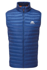 Mountain Equipment Frostline Men's Vest in Admiral Blue - front view showing YKK front zip, zipped hand warmer pockets and DRILITE Loft 20D shell