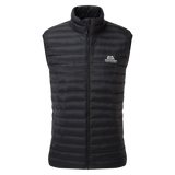 Mountain Equipment Frostline Men's Vest in Black - front view showing YKK front zip, zipped hand warmer pockets and adjustable hem drawcords