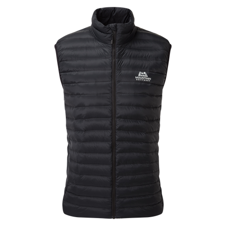 Mountain Equipment Frostline Men's Vest in Black - front view showing YKK front zip, zipped hand warmer pockets and adjustable hem drawcords