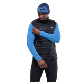 Mountain Equipment Frostline Men's Vest in Black worn on model showing elastane-bound armhole detail