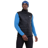 Mountain Equipment Frostline Men's Vest in Black worn on model - front view showing YKK front zip with insulated baffle and zipped hand warmer pockets