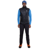 Mountain Equipment Frostline Men's Vest in Black worn on model - full length front view showing slim fit and DRILITE Loft 20D construction