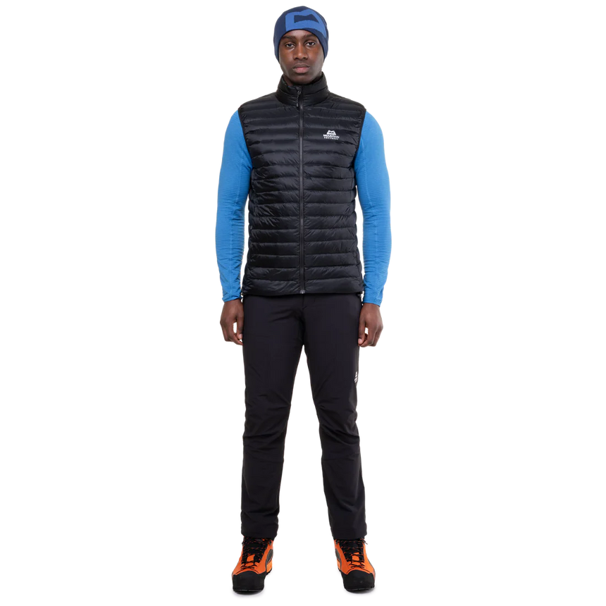 Mountain Equipment Frostline Men's Vest in Black worn on model - full length front view showing slim fit and DRILITE Loft 20D construction