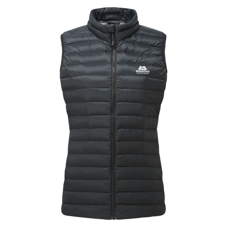 Mountain Equipment Frostline Women's Vest in Black - front view showing YKK moulded front zip, zipped hand warmer pockets and adjustable hem drawcord