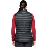Mountain Equipment Frostline Women's Vest in Black worn on model - back view showing DRILITE Loft 20D shell and elastane-bound armholes