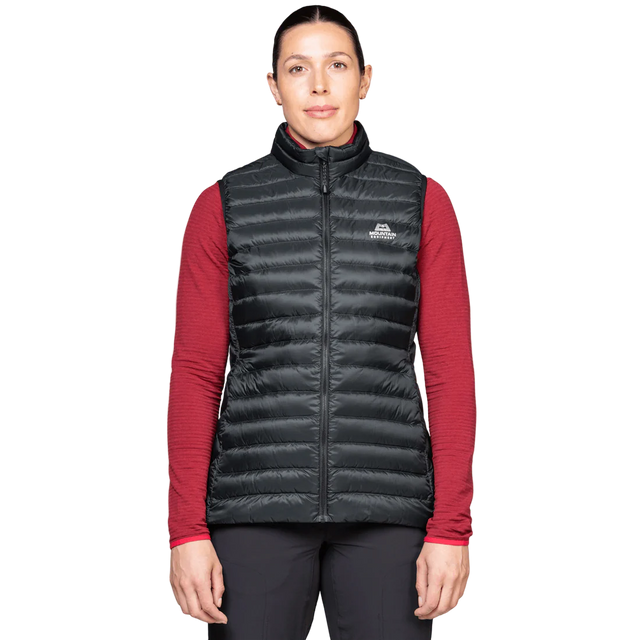 Mountain Equipment Frostline Women's Vest in Black worn on model - front view showing DRILITE Loft 20D shell and stitch-through narrow baffles
