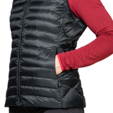 Zipped hand warmer pocket detail on Mountain Equipment Frostline Women's Vest in Black showing YKK zip and pack-away pocket with karabiner loops