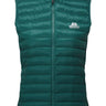 Mountain Equipment Frostline Women's Vest in Deep Teal - front view showing DRILITE Loft 20D shell, YKK moulded front zip and zipped hand warmer pockets