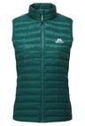 Mountain Equipment Frostline Women's Vest in Deep Teal - front view showing DRILITE Loft 20D shell, YKK moulded front zip and zipped hand warmer pockets