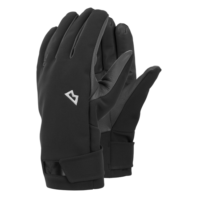 Mountain Equipment G2 Alpine Men's Glove in Black/Shadow - showing EXOLITE XP softshell fabric and goatskin leather palm