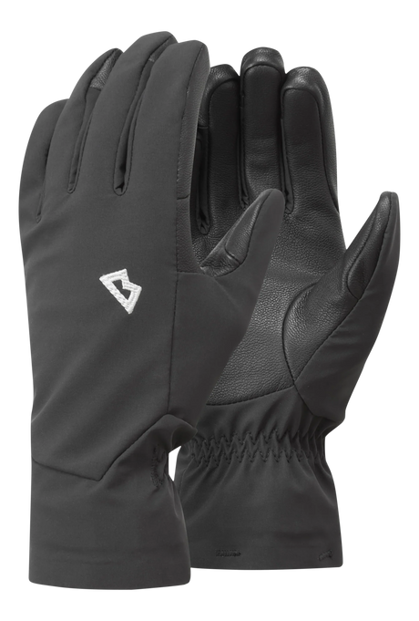 Mountain Equipment G2 Alpine Women's Glove in Black/Shadow - front view showing EXOLITE XP softshell fabric