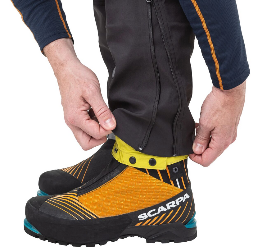 Zip-out stretch softshell gaiter with integrated lace hook on Mountain Equipment G2 GORE-TEX Mountain Men's Pant in Black