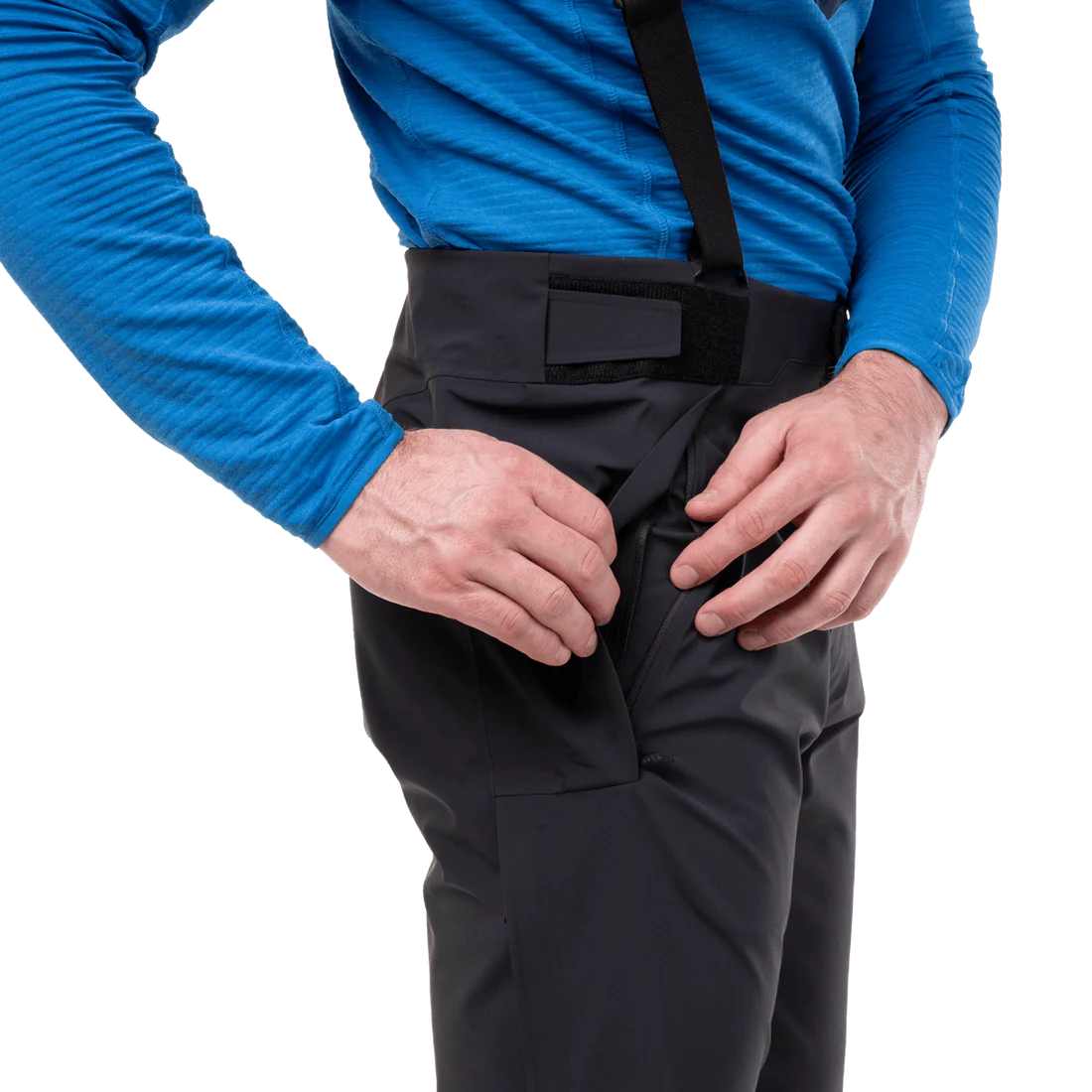 Ankle zip with internal gusset panel on Mountain Equipment G2 Mountain Men's Pant in Black for mountain boots