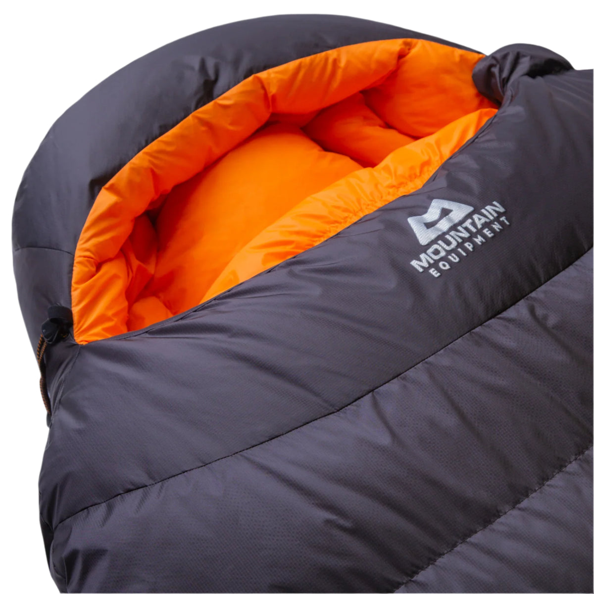 Mountain Equipment Glacier 1000 Sleeping Bag in Obsidian - side view showing full-length Gemini zip baffle and Drilite Loft 30 denier outer fabric