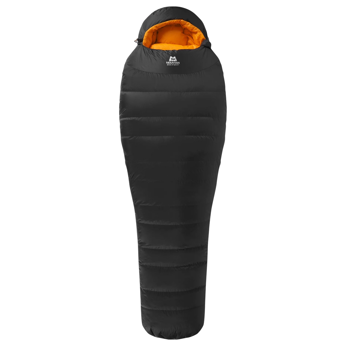 Mountain Equipment Glacier 1000 Sleeping Bag in Obsidian - top view showing 5-baffle anatomically shaped hood and Lode Lock magnetic closure