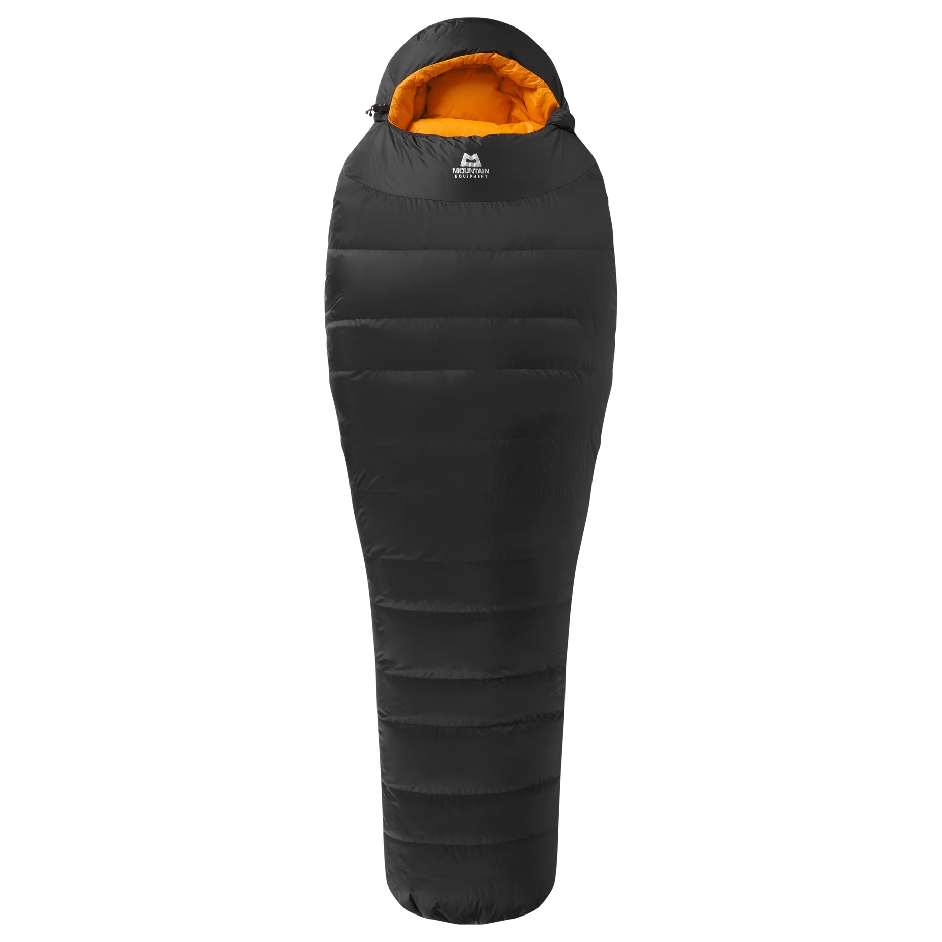 Mountain Equipment Glacier 1000 Sleeping Bag in Obsidian - top view showing 5-baffle anatomically shaped hood and Lode Lock magnetic closure